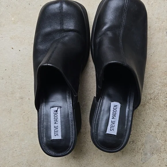 Y2k Steve Madden Chunky Heel Black Leather Mules - Picture 2 of 7